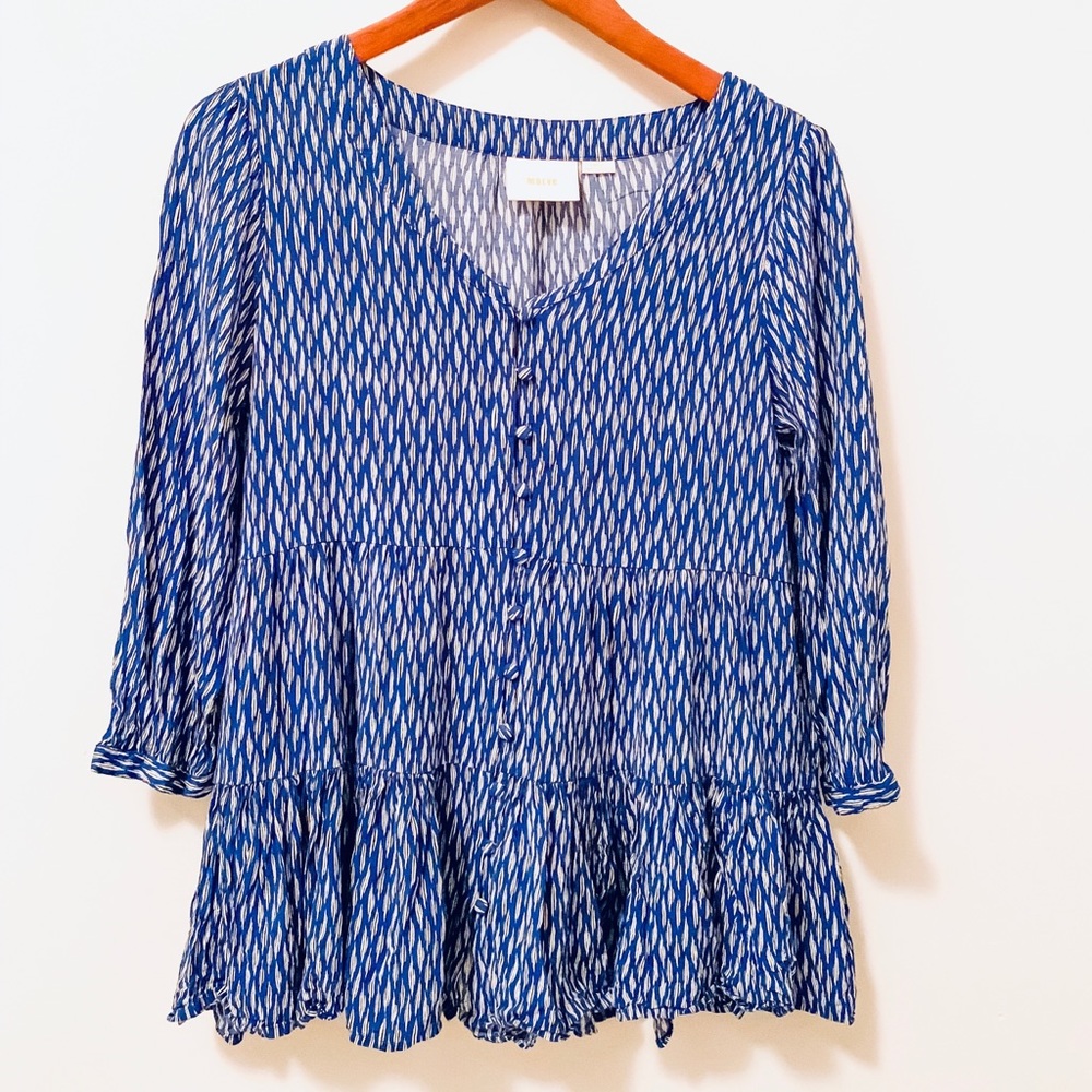 Anthropologie Maeve Lila Tiered Blue Printed Top S